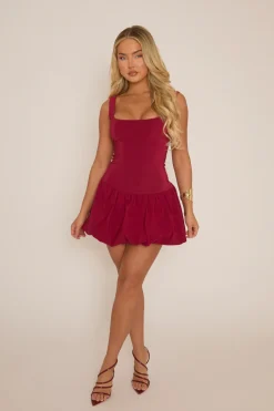Rebellious Fashion Wine Scoop Neck Puffball Mini Dress - Alyssa