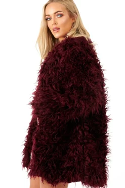 Rebellious Fashion Wine Shaggy Faux Fur Coat - Evalina