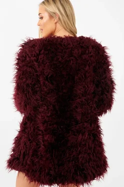 Rebellious Fashion Wine Shaggy Faux Fur Coat - Evalina