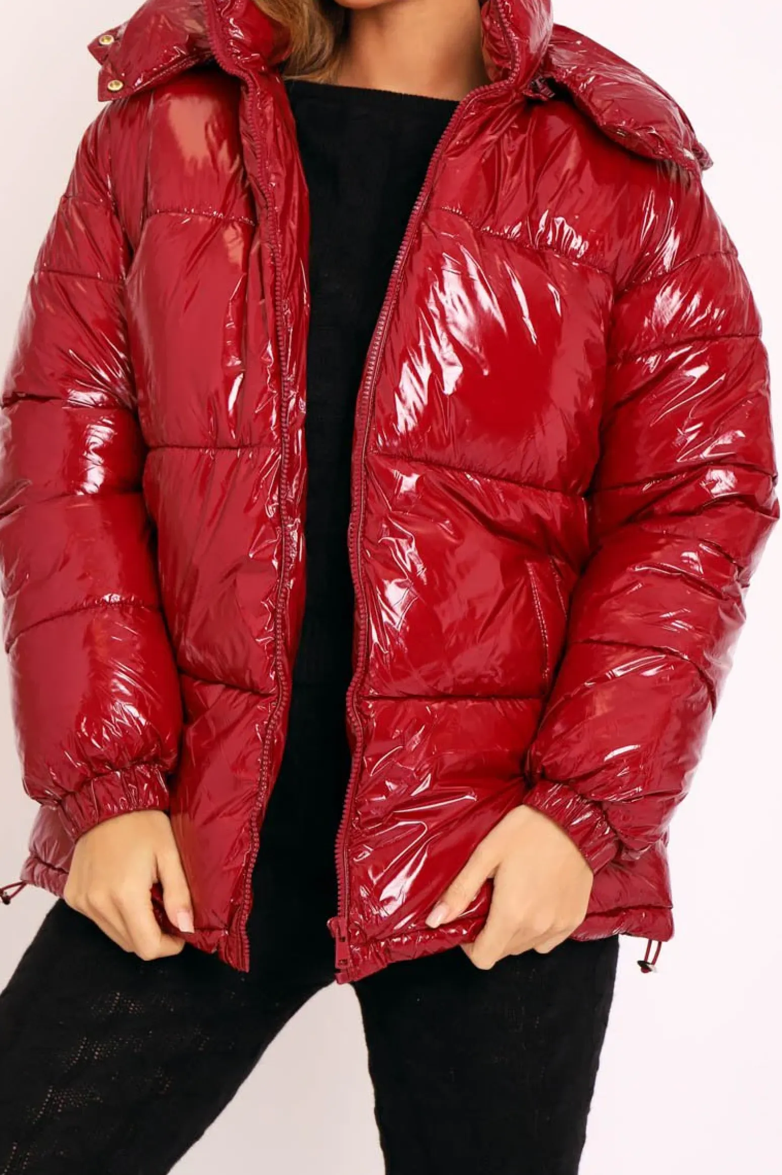 Rebellious Fashion Wine Shiny Wet Look Chunky Hooded Puffer Coat - Syra