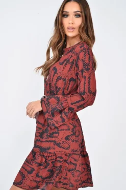 Rebellious Fashion Wine Snake Print Plunge Flute Sleeve Shift Dress - Olesya