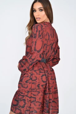 Rebellious Fashion Wine Snake Print Plunge Flute Sleeve Shift Dress - Olesya