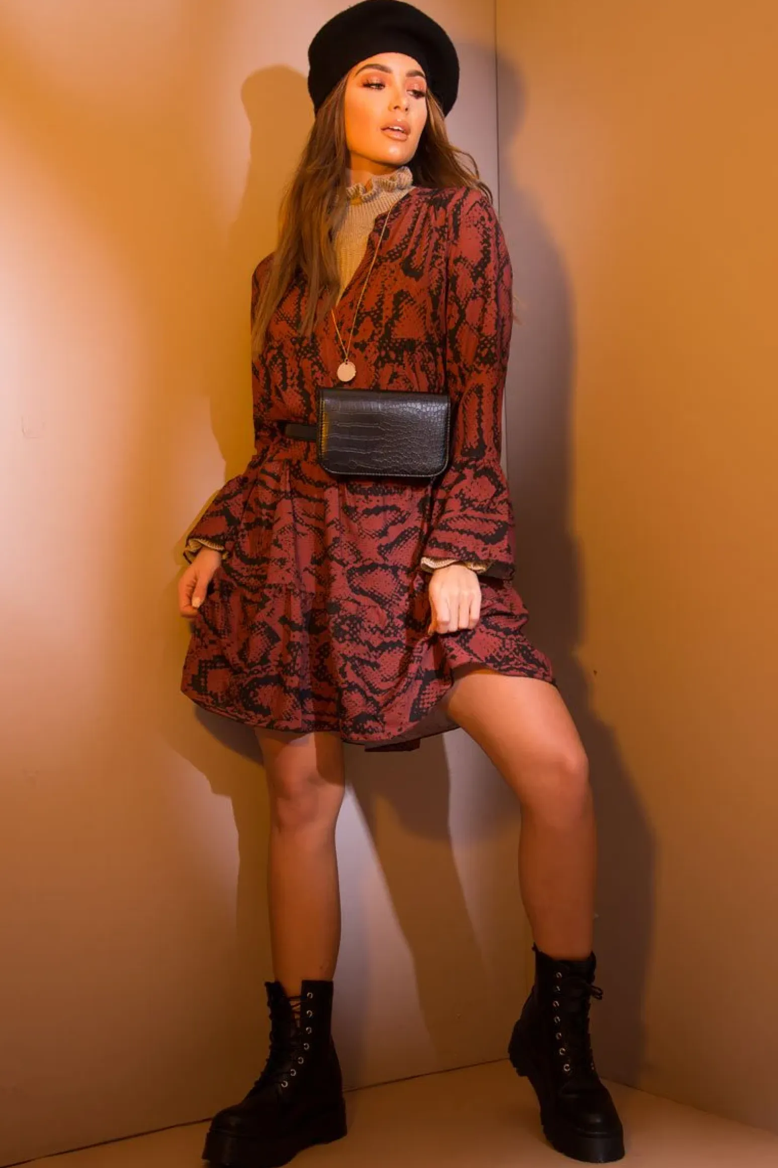 Rebellious Fashion Wine Snake Print Plunge Flute Sleeve Shift Dress - Olesya