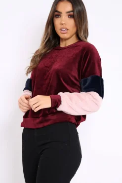 Rebellious Fashion Wine Soft Fur Jumper with Contrast Sleeves - Erla