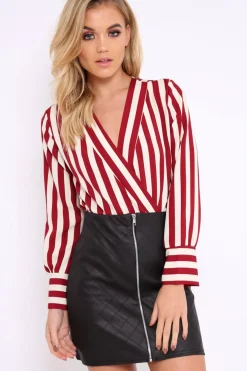 Rebellious Fashion Wine Stripe Plunge Satin Bodysuit - North
