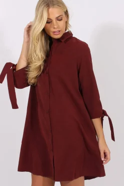 Rebellious Fashion Wine Suede Tie Cuff Oversized Shirt Dress - Deborah
