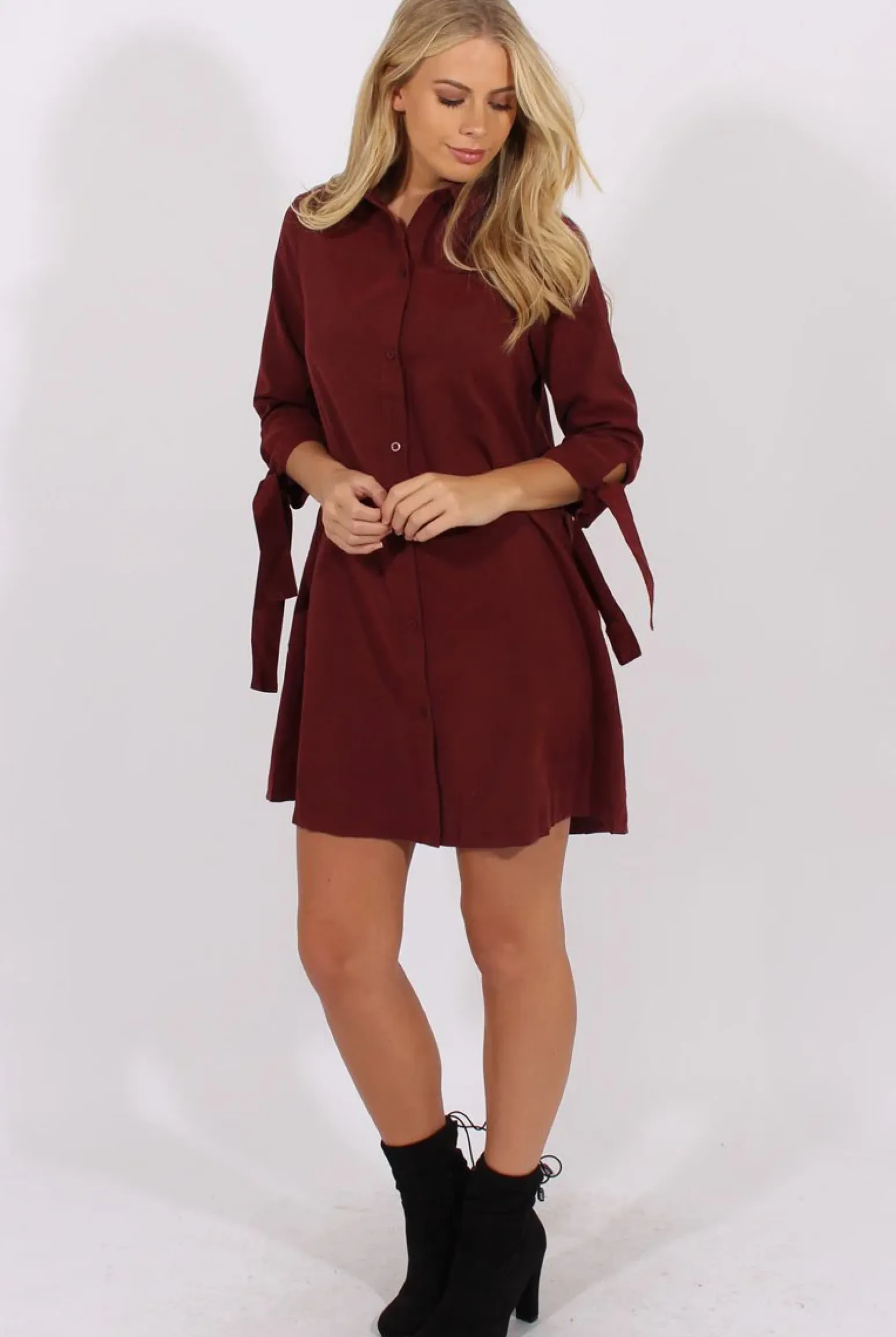 Rebellious Fashion Wine Suede Tie Cuff Oversized Shirt Dress - Deborah