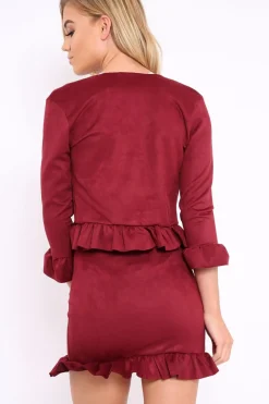 Rebellious Fashion Wine Suedette Frill Hems Jacket - Elsa