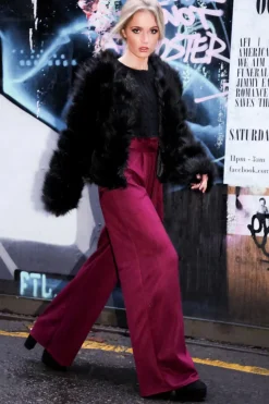 Rebellious Fashion Wine Suedette Paper Bag Tie Waist Wide Leg Trousers - Kennedy