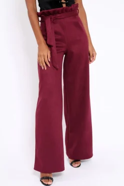 Rebellious Fashion Wine Suedette Paper Bag Tie Waist Wide Leg Trousers - Kennedy