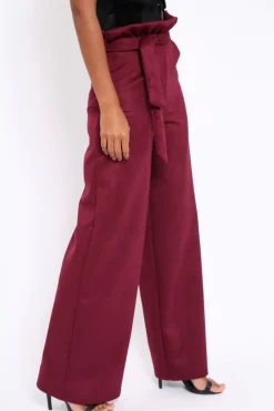 Rebellious Fashion Wine Suedette Paper Bag Tie Waist Wide Leg Trousers - Kennedy
