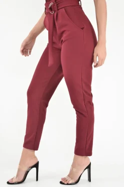 Rebellious Fashion Wine Tapered Belted Cigarette Trousers - Myasia