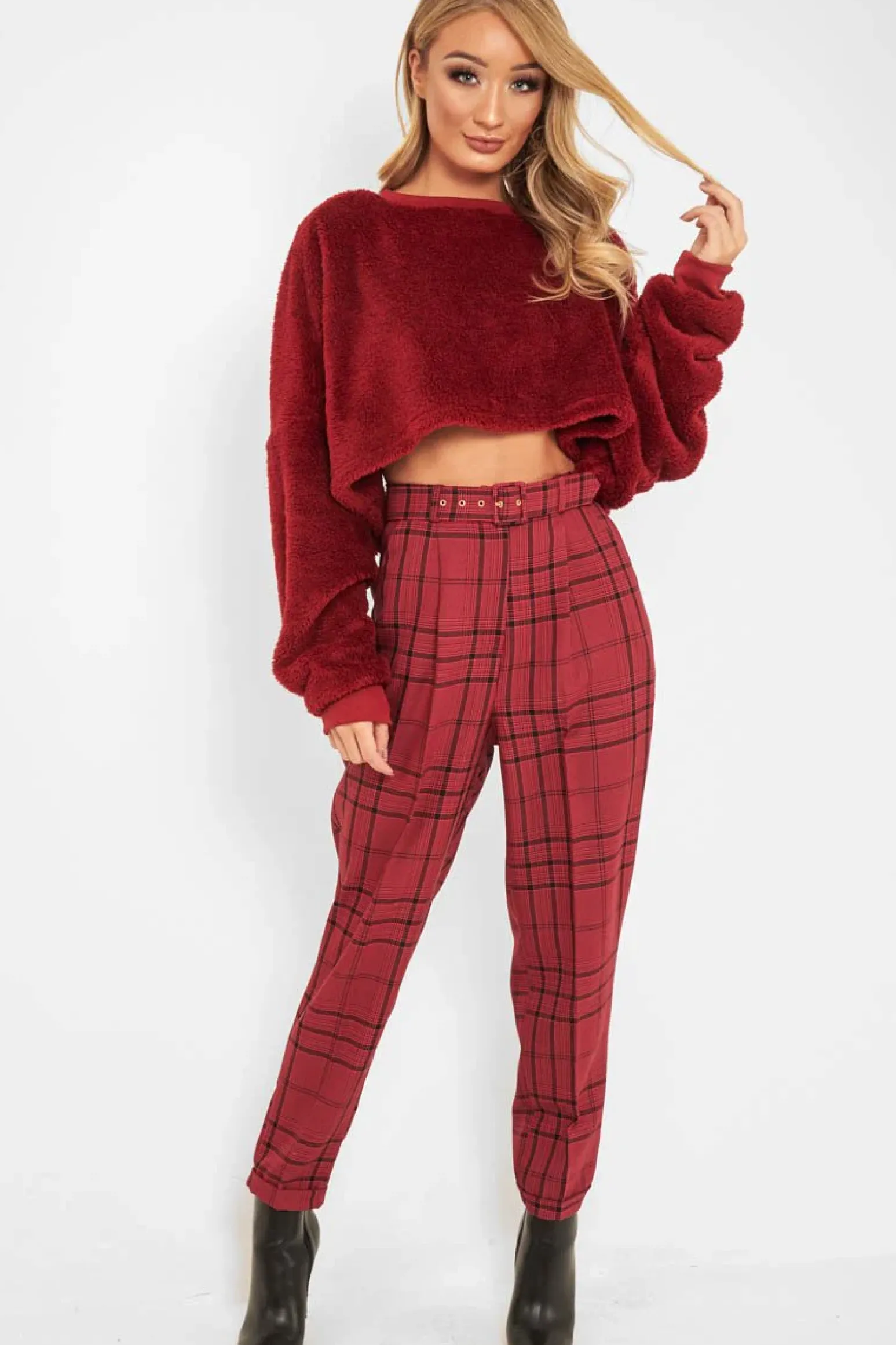 Rebellious Fashion Wine Tartan High Waist Tapered Cigarette Trousers - Maddy