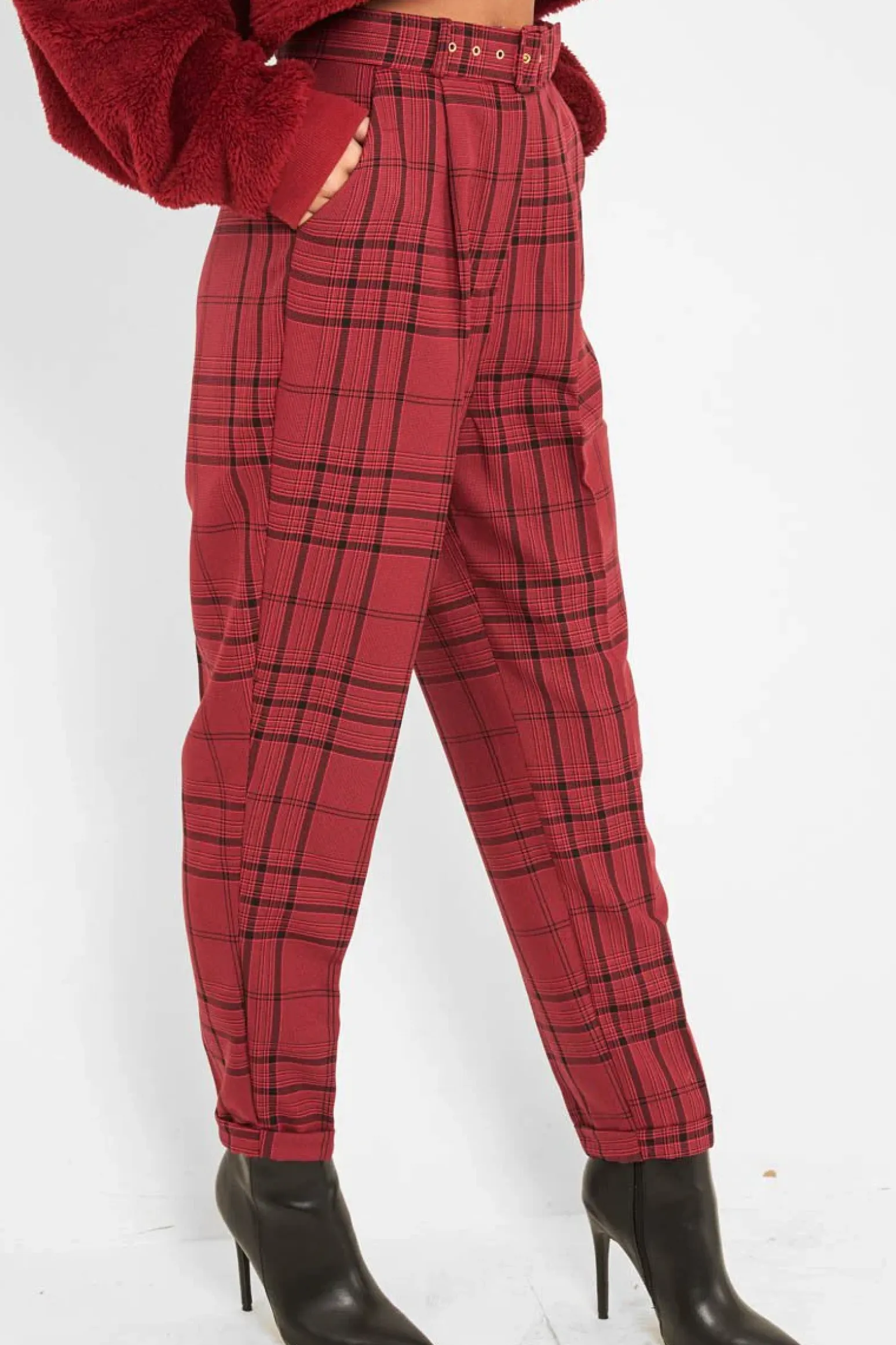 Rebellious Fashion Wine Tartan High Waist Tapered Cigarette Trousers - Maddy