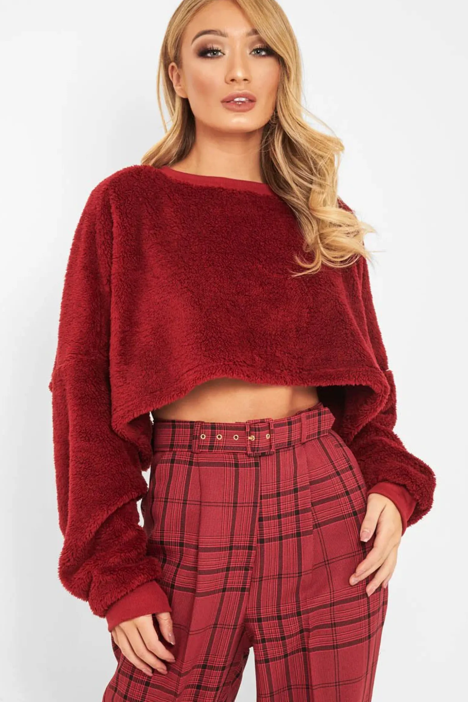 Rebellious Fashion Wine Tartan High Waist Tapered Cigarette Trousers - Maddy