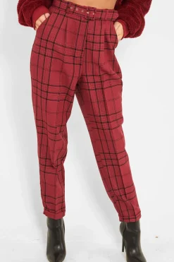 Rebellious Fashion Wine Tartan High Waist Tapered Cigarette Trousers - Maddy