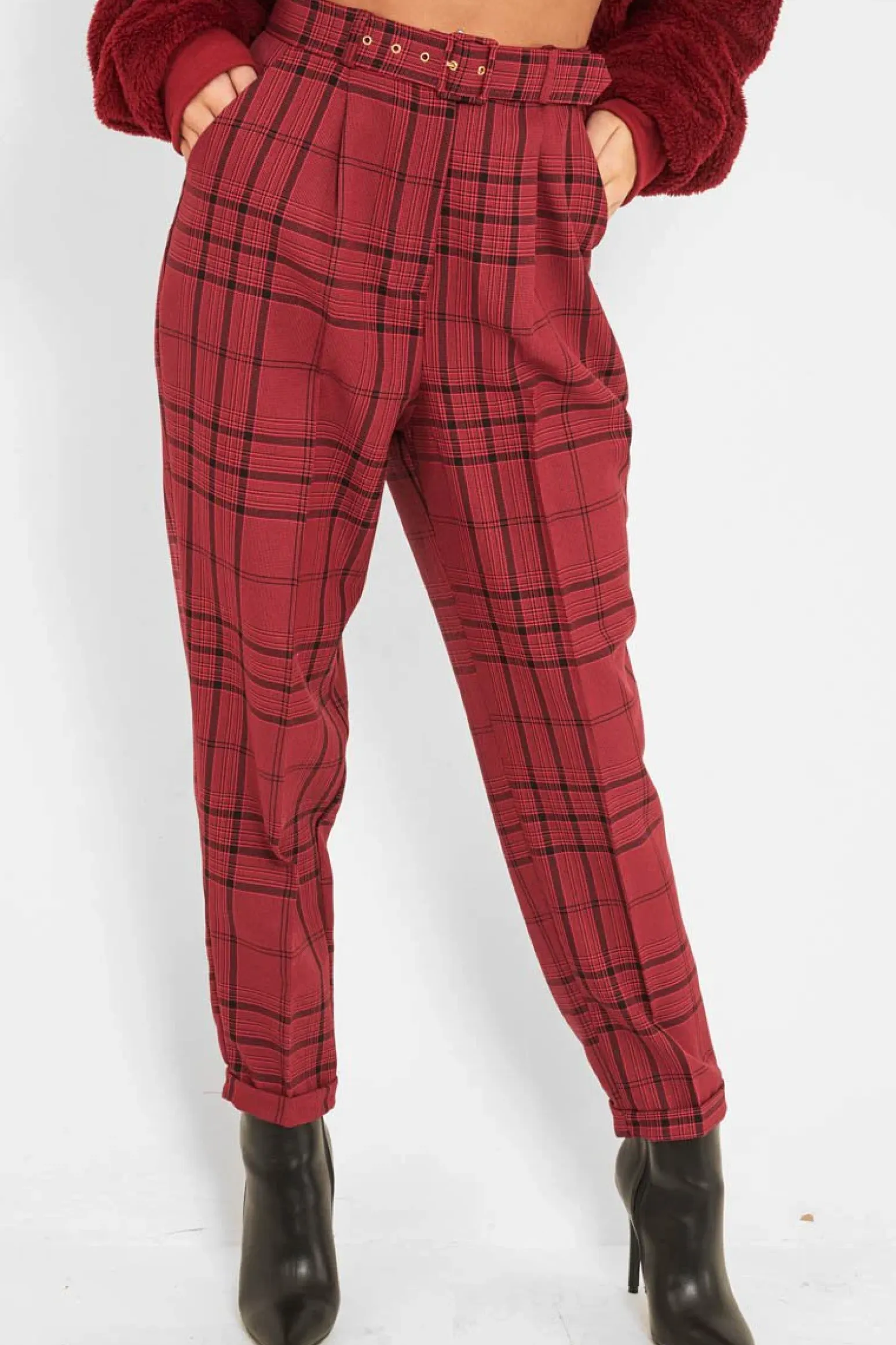 Rebellious Fashion Wine Tartan High Waist Tapered Cigarette Trousers - Maddy