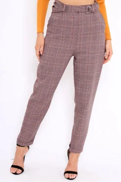 Rebellious Fashion Wine Tartan Ring Belted Tapered Trousers - Klara