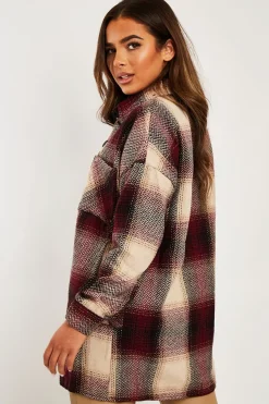 Rebellious Fashion Wine Textured Check Oversized Shacket - Saphia