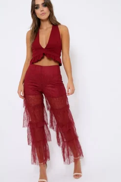 Rebellious Fashion Wine Tiered Frill Lace Pants - Frida