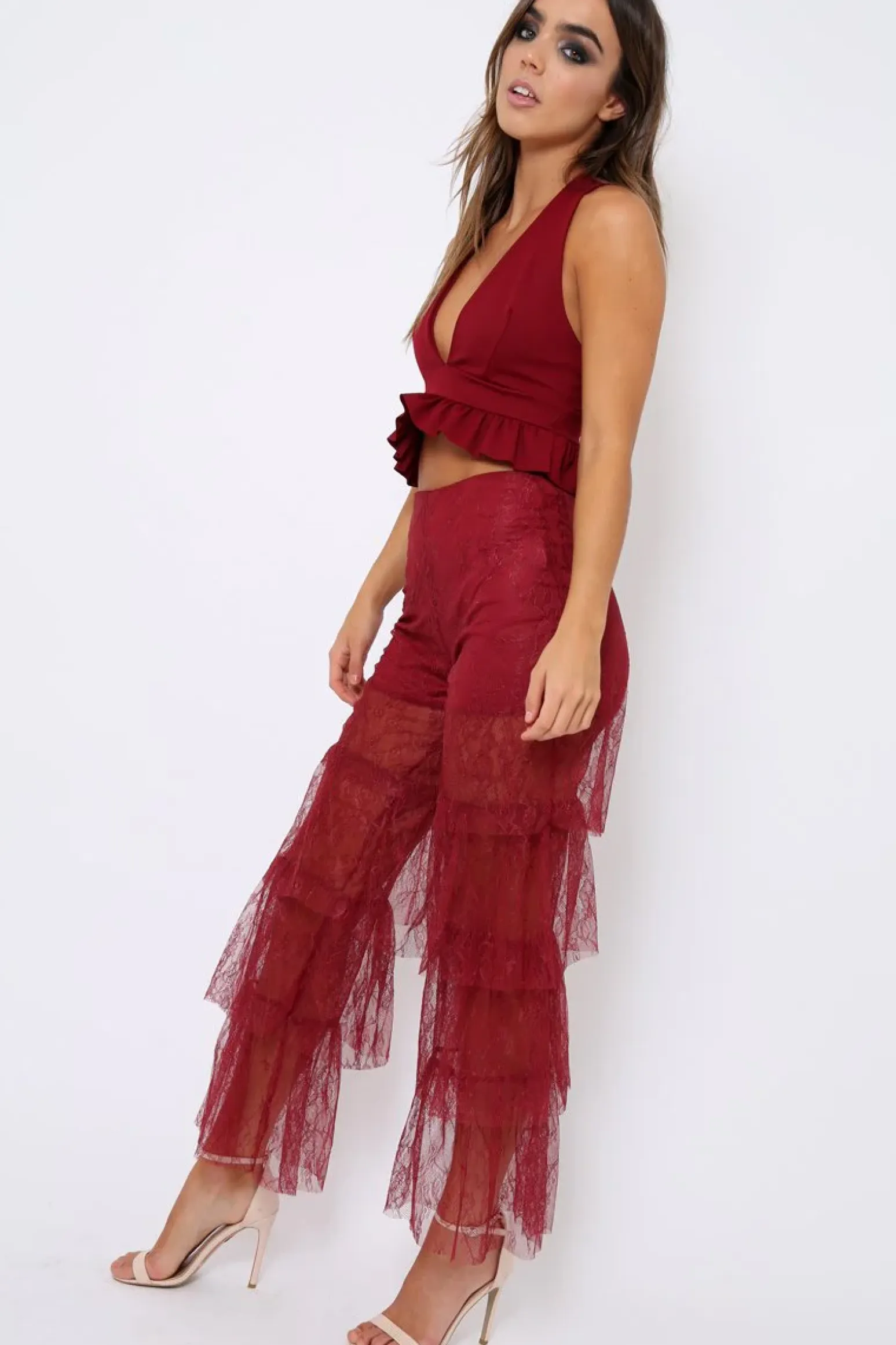 Rebellious Fashion Wine Tiered Frill Lace Pants - Frida