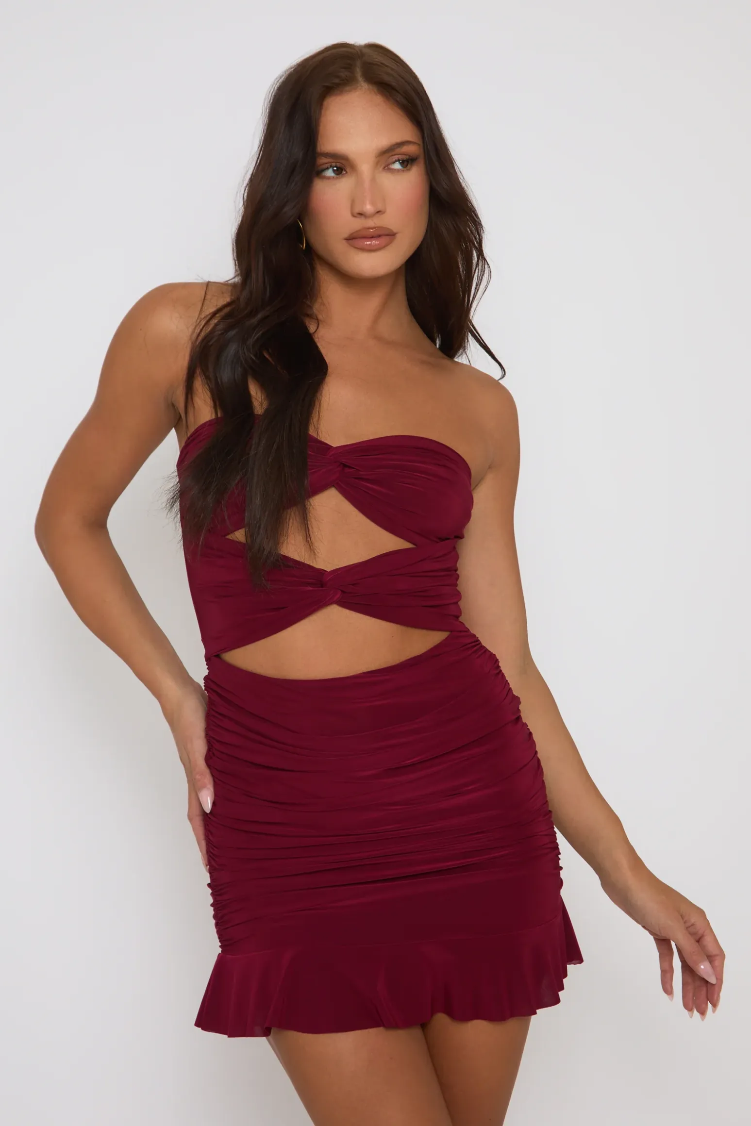 Rebellious Fashion Wine Twist Front Bandeau Mini Dress - Hayley