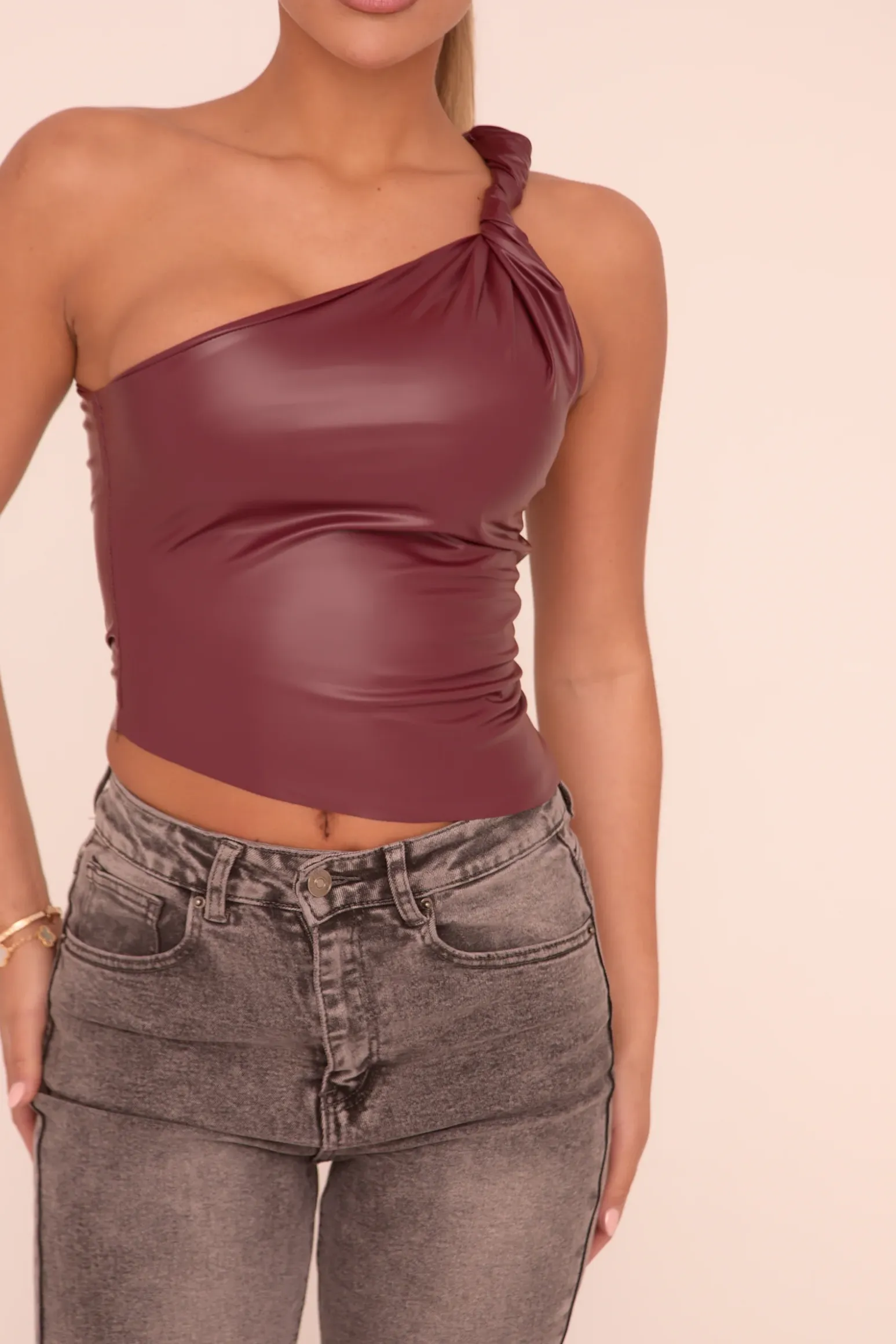 Rebellious Fashion Wine Twist One Shoulder Faux Leather Top - Arthur
