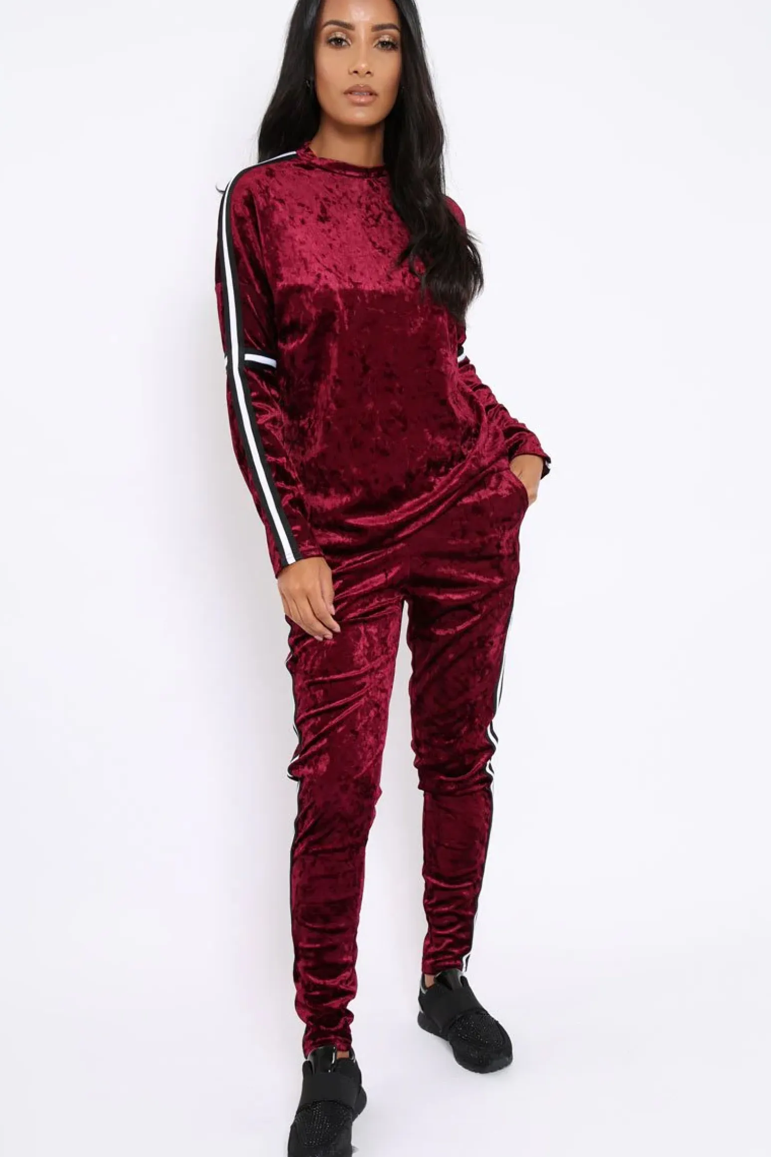 Rebellious Fashion Wine Velvet Striped Trim Co-ord Set - Beau