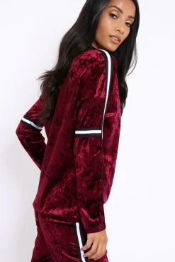 Rebellious Fashion Wine Velvet Striped Trim Co-ord Set - Beau
