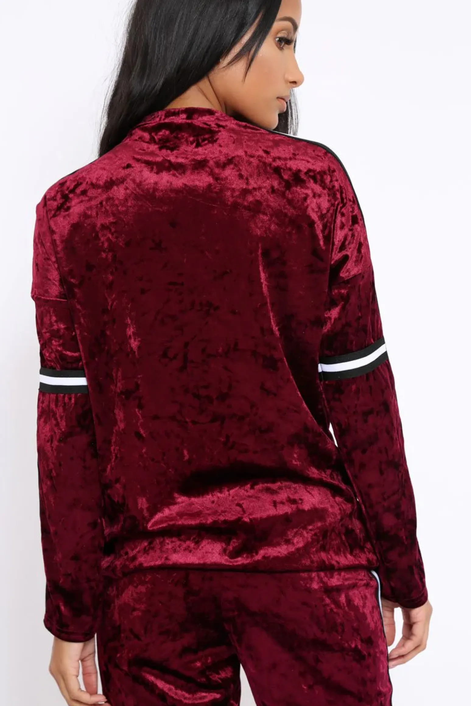 Rebellious Fashion Wine Velvet Striped Trim Co-ord Set - Beau