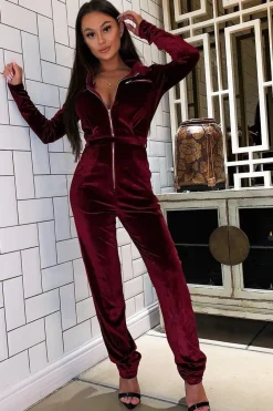 Rebellious Fashion Wine Velvet Tie Front Boiler Jumpsuit - Lallie