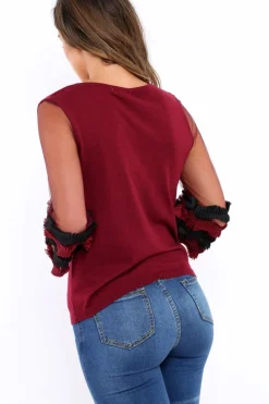 Rebellious Fashion Wine V Neck Jumper with Mesh Ruffled Sleeves - Amirah