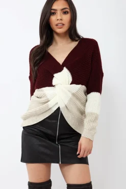Rebellious Fashion Wine White and Beige Knot Knit Jumper - Kerri