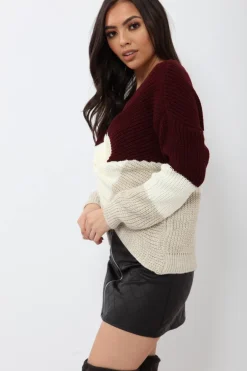 Rebellious Fashion Wine White and Beige Knot Knit Jumper - Kerri