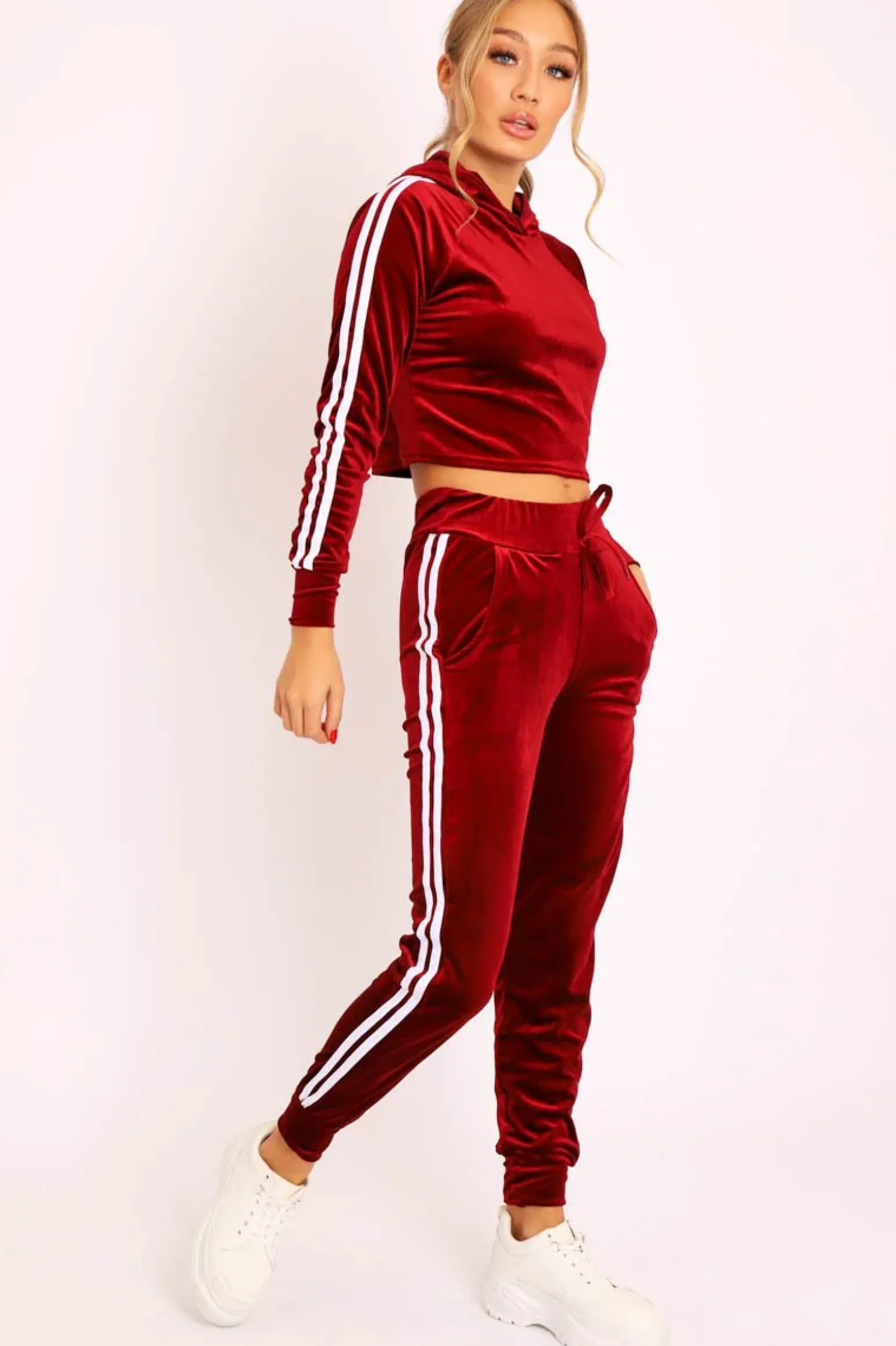 Rebellious Fashion Wine White Stripes Velvet Hoodie and Joggers Co-ord - Matie