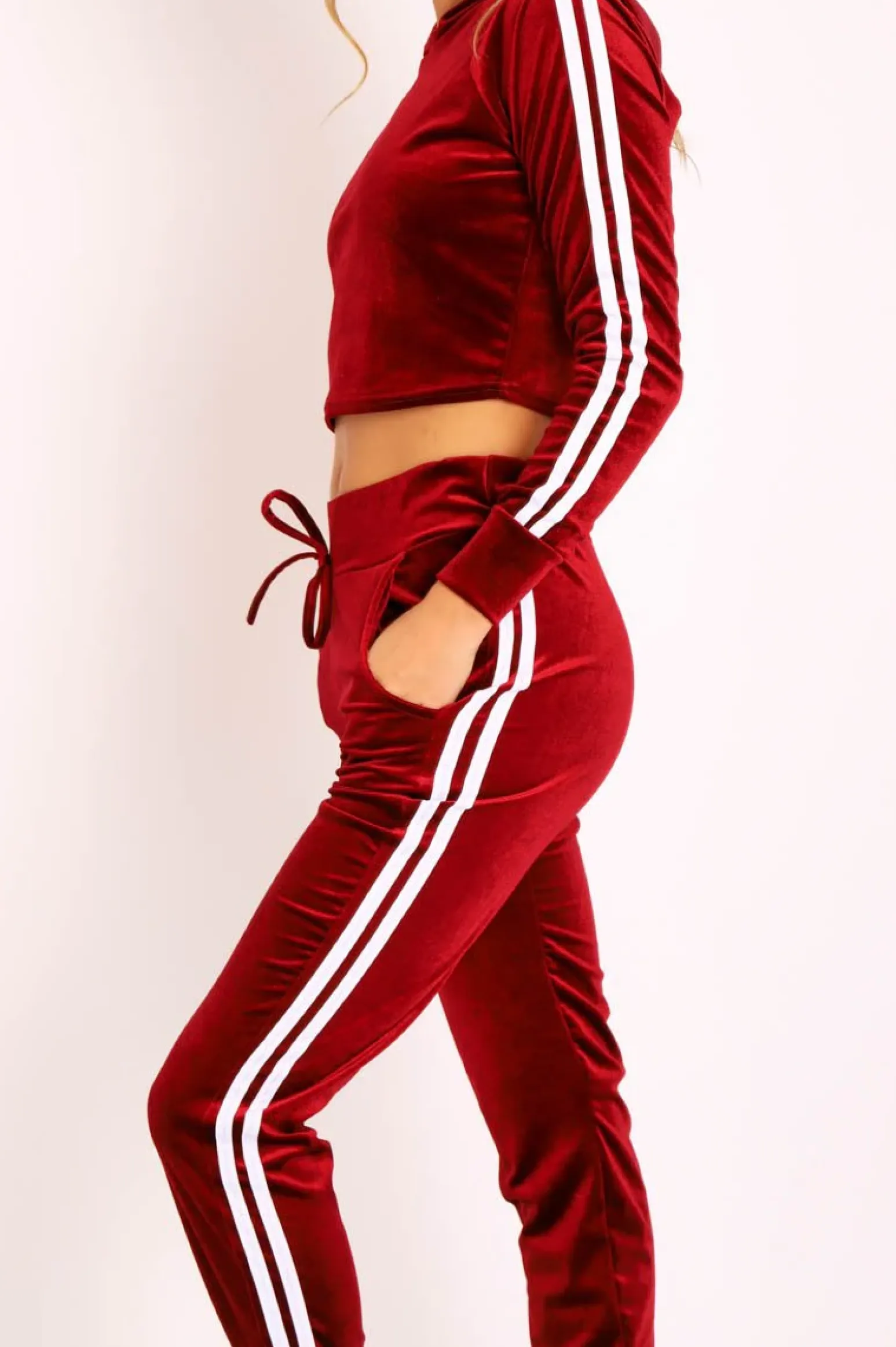 Rebellious Fashion Wine White Stripes Velvet Hoodie and Joggers Co-ord - Matie