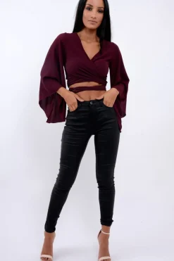 Rebellious Fashion Wine Wrap Tie Crop Blouse - Kay