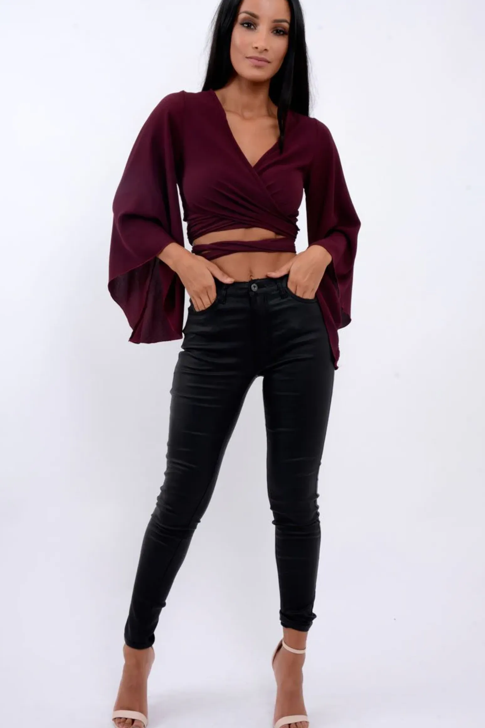 Rebellious Fashion Wine Wrap Tie Crop Blouse - Kay