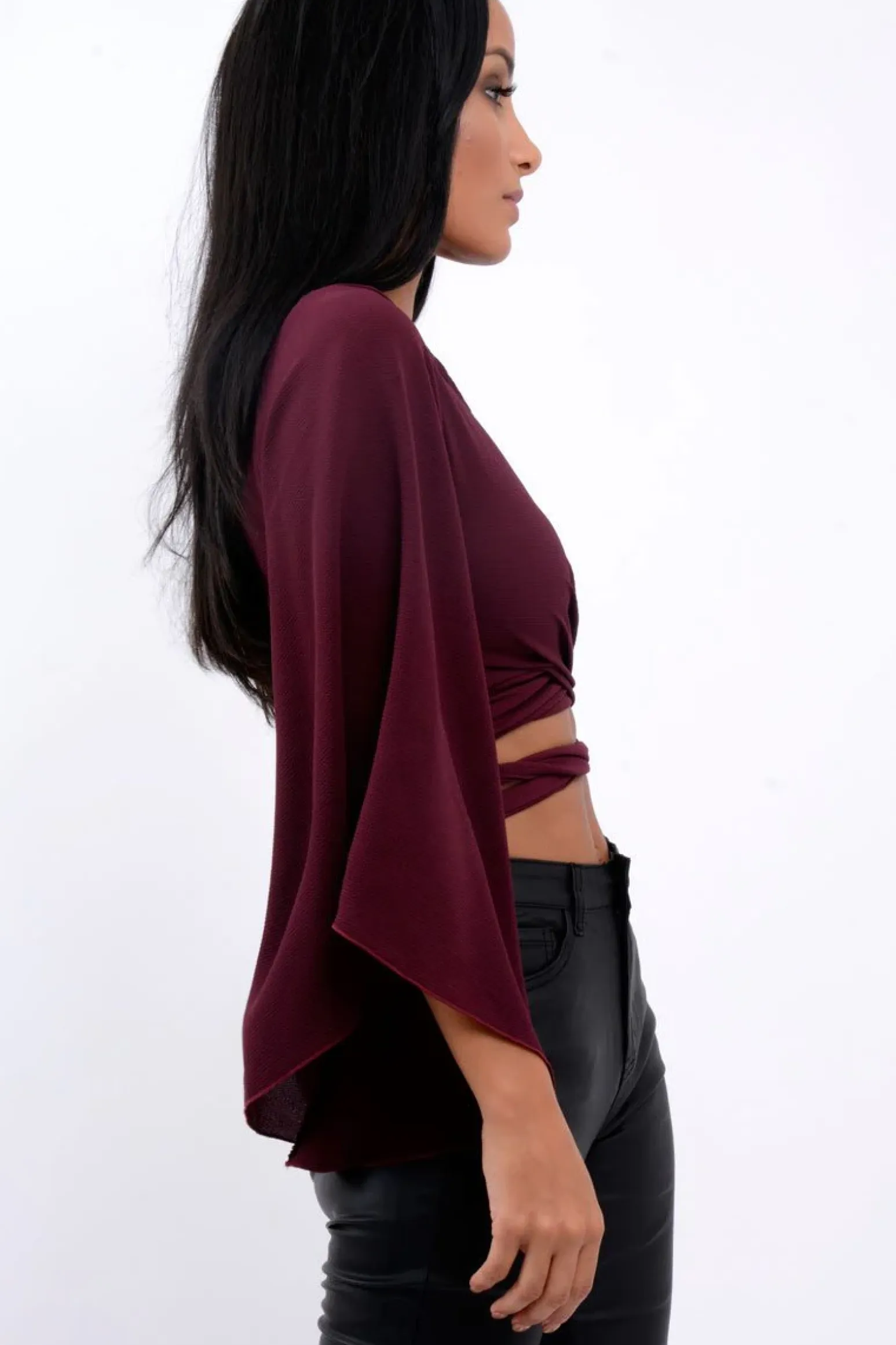 Rebellious Fashion Wine Wrap Tie Crop Blouse - Kay
