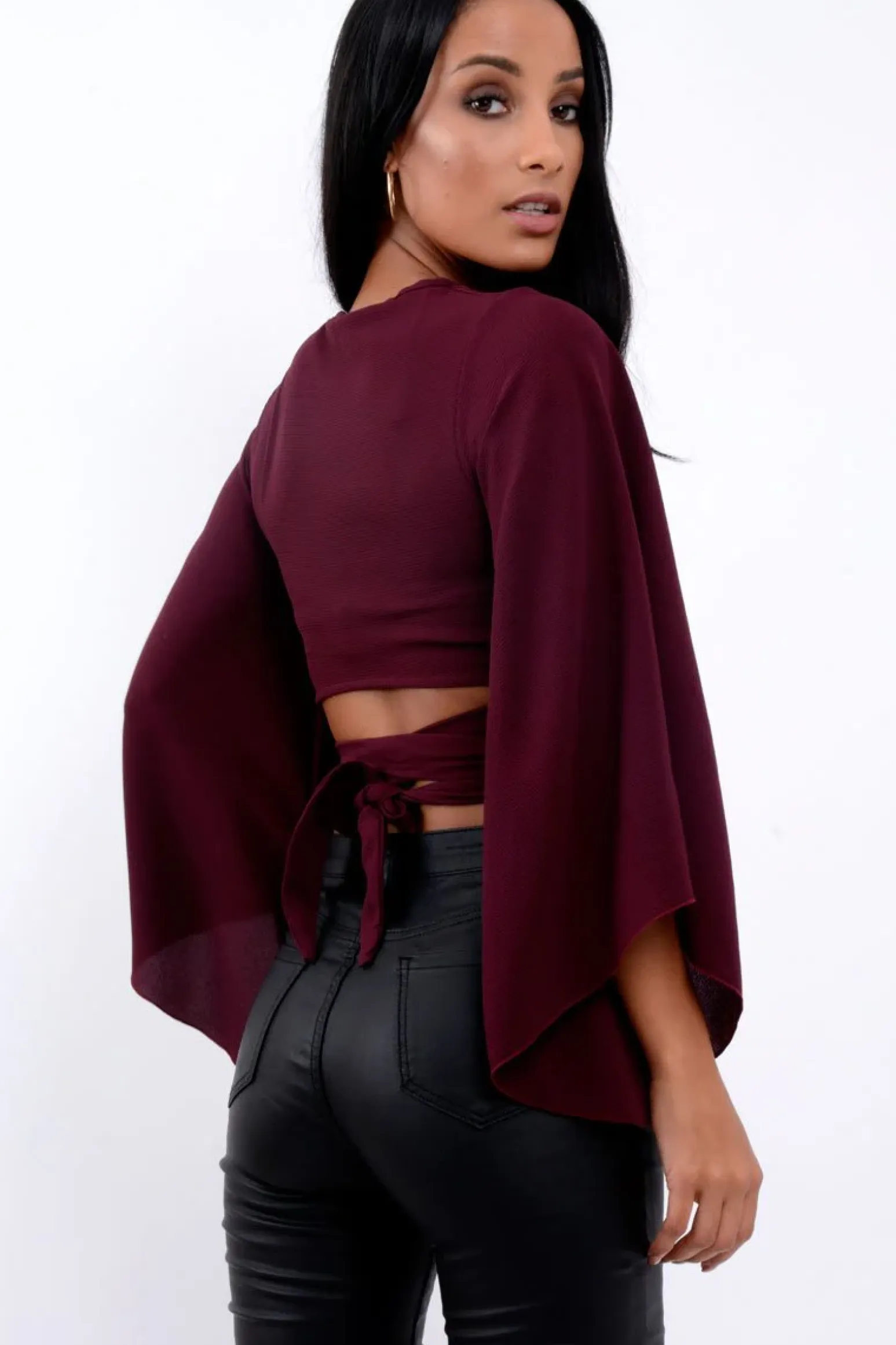 Rebellious Fashion Wine Wrap Tie Crop Blouse - Kay