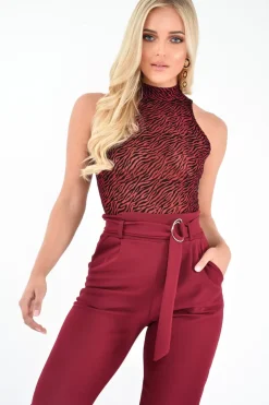 Rebellious Fashion Wine Zebra High Neck Velvet Bodysuit - Tamina