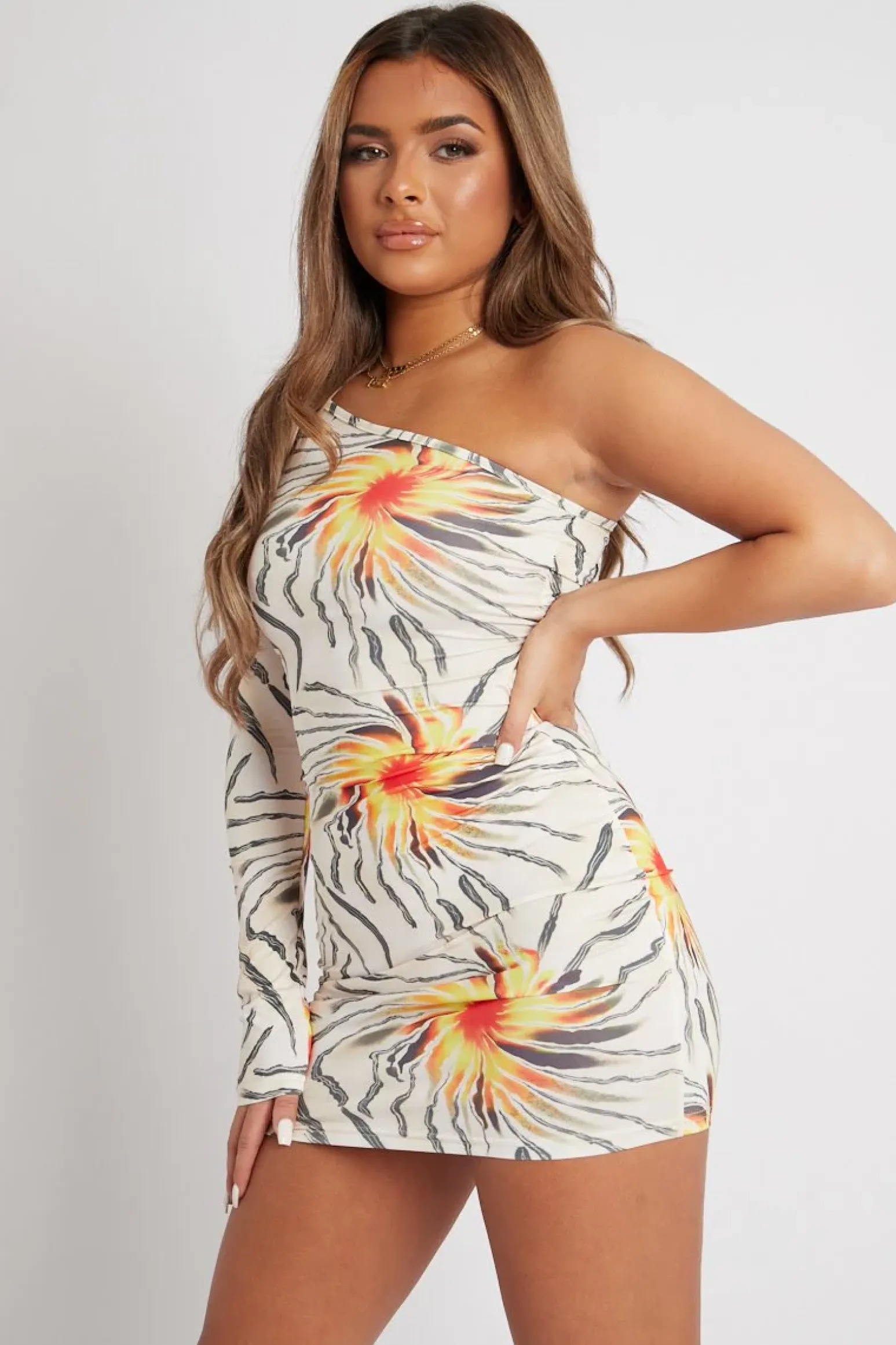 Rebellious Fashion Yellow Cut Out One Sleeve Mini Dress - Jiani