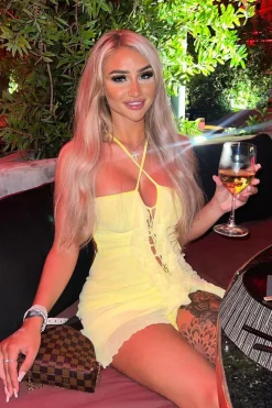 Rebellious Fashion Yellow Lace Up Front Frill Detail Mini Dress - Anika