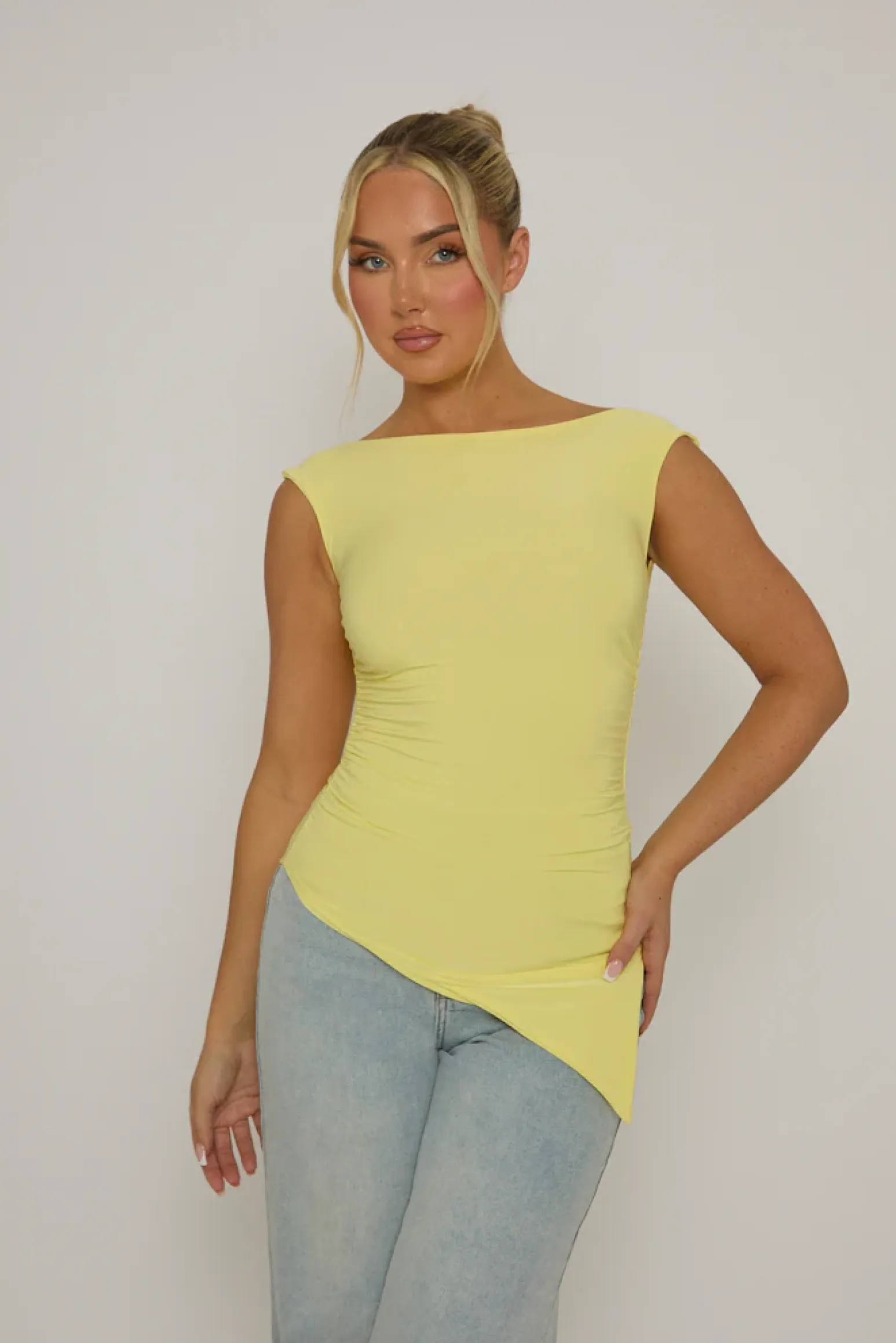 Rebellious Fashion Yellow Asymmetric Ruched Top - Chester