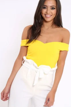 Rebellious Fashion Yellow Bardot Bodysuit with V dip front - Hettie