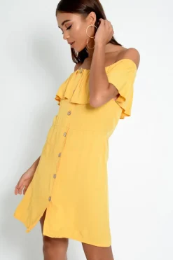 Rebellious Fashion Yellow Bardot Frill Button Front Dress - Julissa