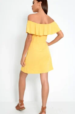 Rebellious Fashion Yellow Bardot Frill Button Front Dress - Julissa