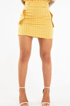 Rebellious Fashion Yellow Blue Check Ruffle Waist Zip Front Skirt - Izzie
