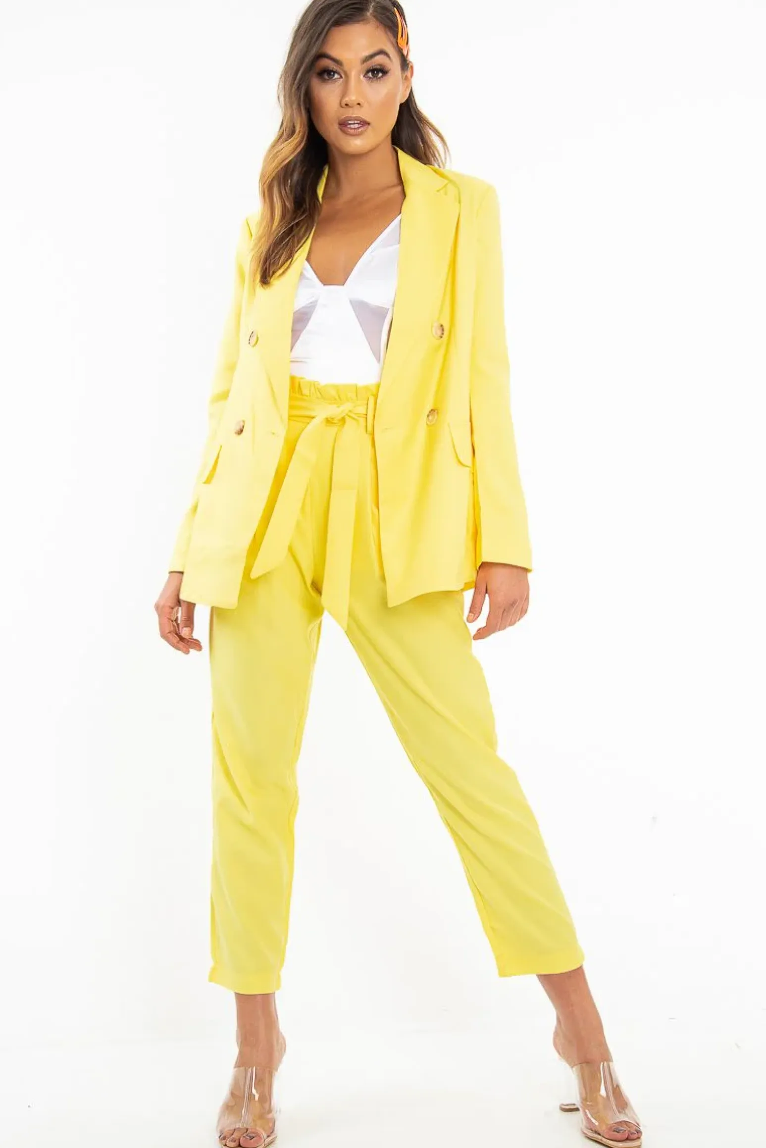 Rebellious Fashion Yellow Button Front Blazer Belted Trousers Suit Co-Ord - Millie