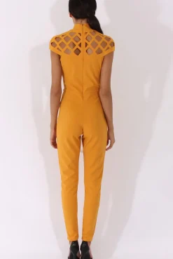 Rebellious Fashion Yellow Cage Detail Jumpsuit - Aurelia